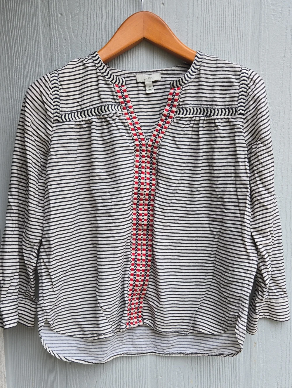 J. Crew Striped Peasant Tunic with Pink Embroidery